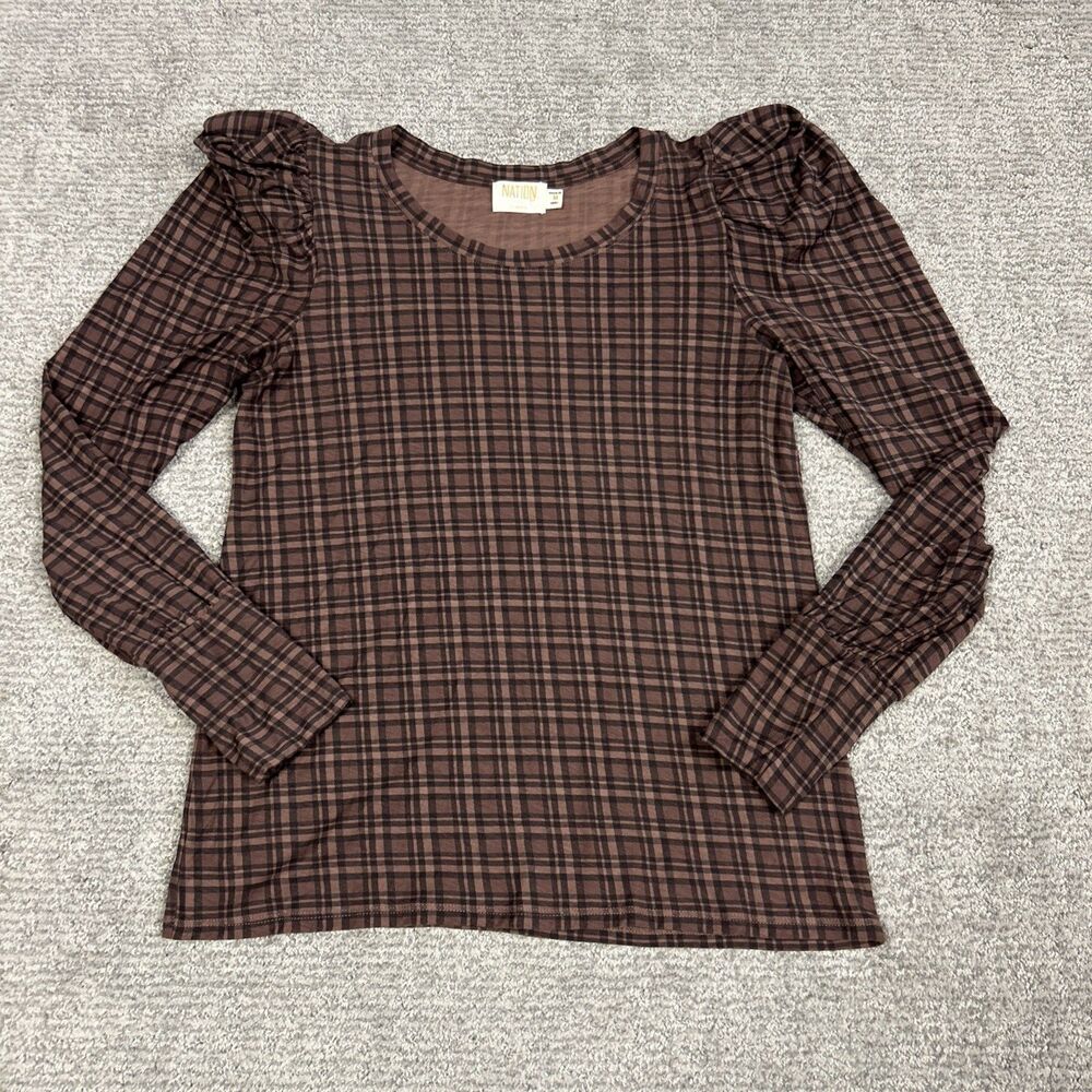 Nation LTD Romy Shirt Womens Medium Puff Sleeve Pima Cotton Top Tartan Plaid